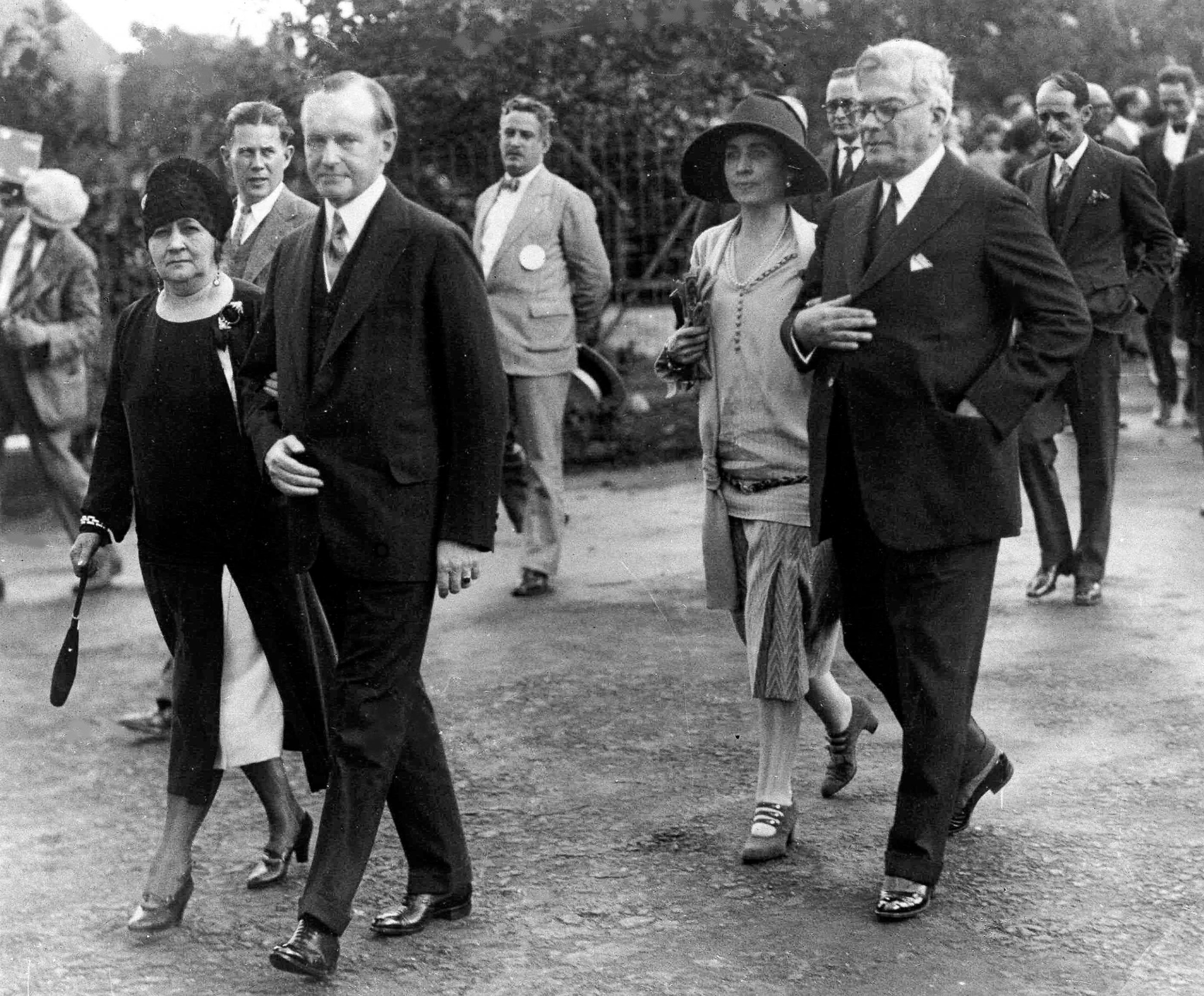 PHOTO: President Calvin Coolidge and his wife, first lady Grace Coolidge are shown with the President of Cuba General Gerardo Machado y Morales and his wife, Elvira Machado, walk on the estate of President Machado in Havana, Cuba, Jan. 19, 1928. 