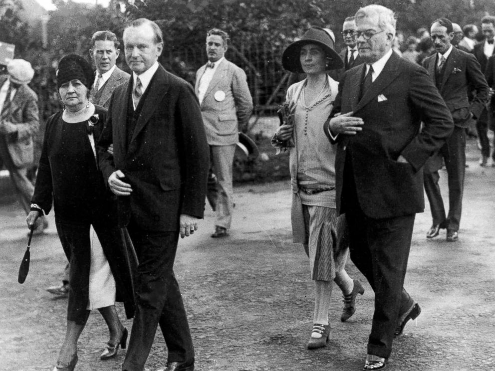 PHOTO: President Calvin Coolidge and his wife, first lady Grace Coolidge are shown with the President of Cuba General Gerardo Machado y Morales and his wife, Elvira Machado, walk on the estate of President Machado in Havana, Cuba, Jan. 19, 1928.