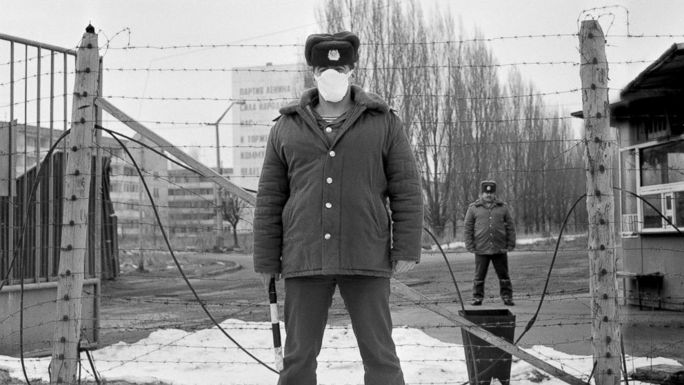 PHOTO: The police guard on their duty the entrance of Pripyat town four kilometers from the Chernobyl power station, March 6, 1989, three years after the nuclear disaster.