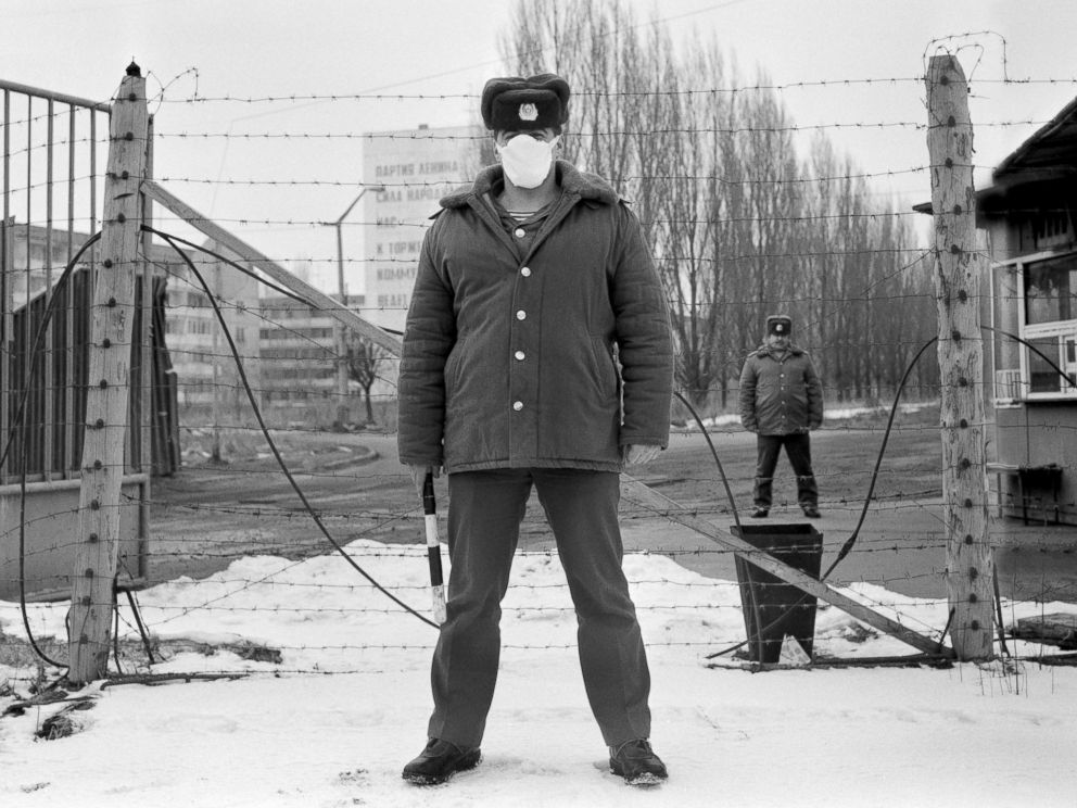 PHOTO: The police guard on their duty the entrance of Pripyat town four kilometers from the Chernobyl power station, March 6, 1989, three years after the nuclear disaster.