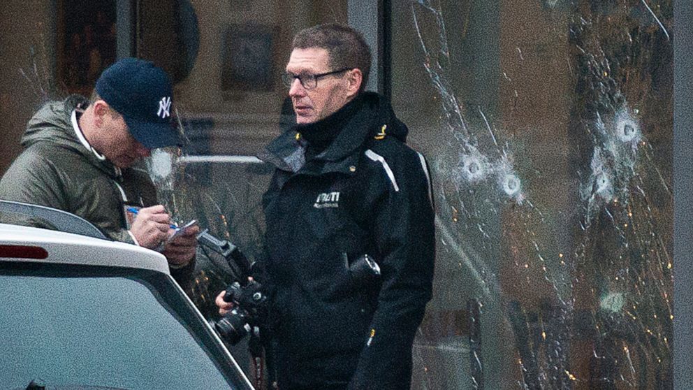 PHOTO: The scene outside the Copenhagen cafe, with bullet marked window, where a gunman opened fire Saturday, Feb. 14, 2015.