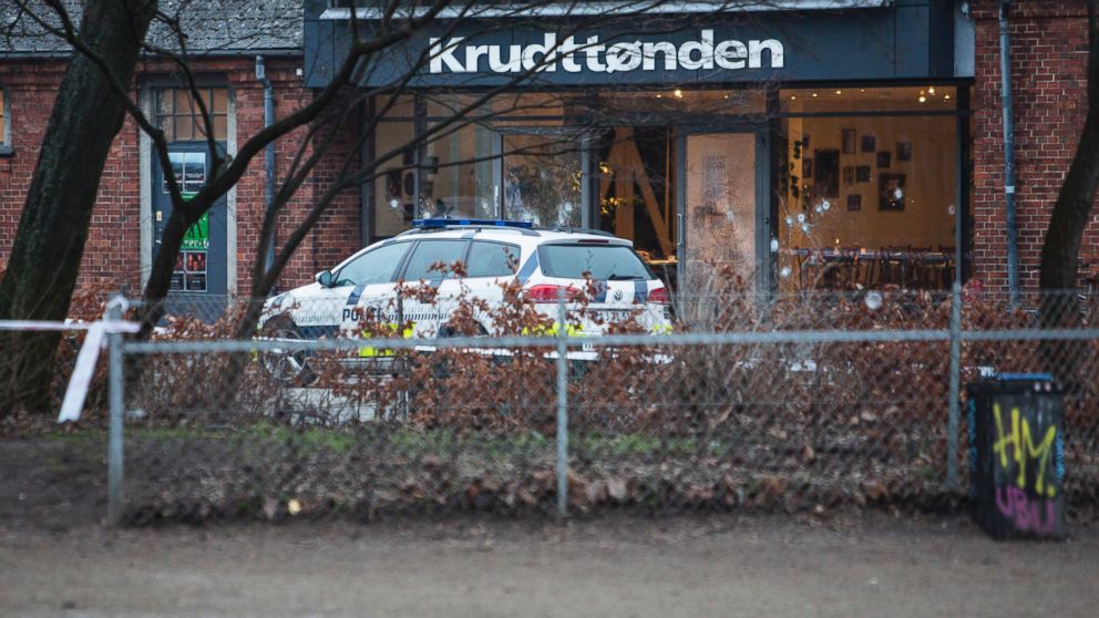 PHOTO: The scene outside the Copenhagen cafe, with bullet marked window, where a gunman opened fire Saturday, Feb. 14, 2015,.