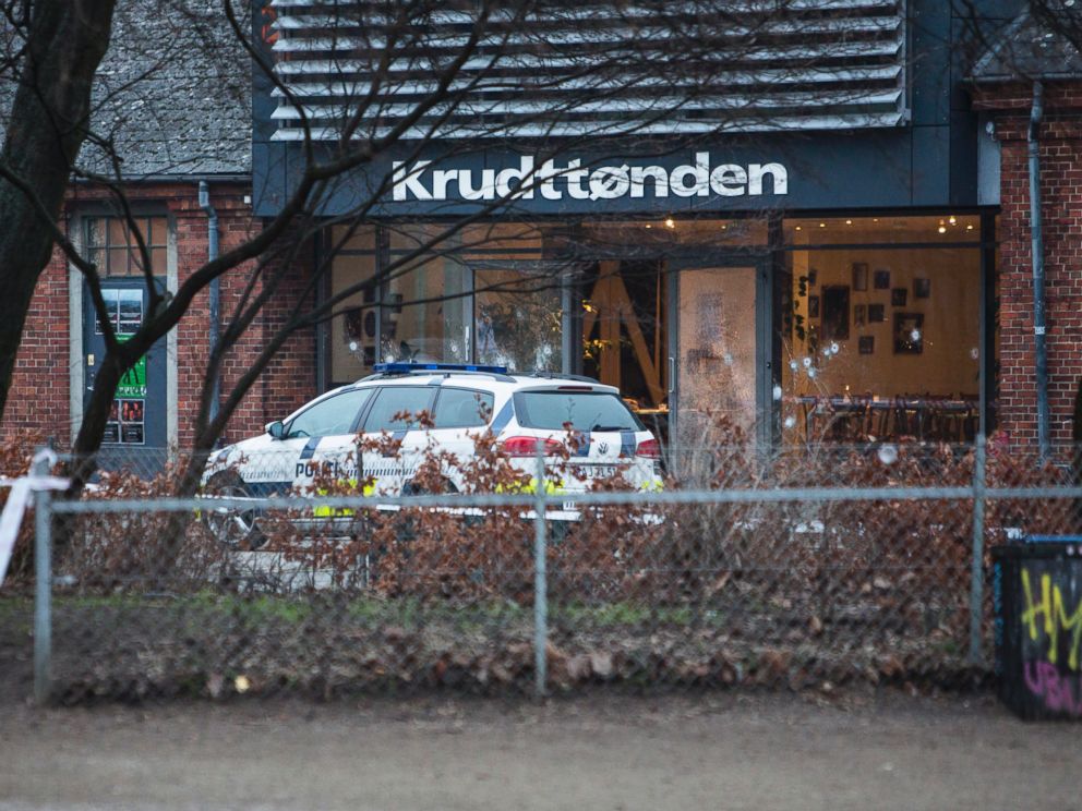 PHOTO: The scene outside the Copenhagen cafe, with bullet marked window, where a gunman opened fire Saturday, Feb. 14, 2015,.