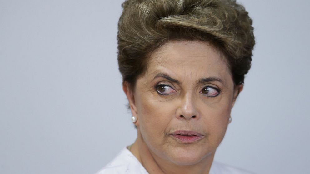 Brazil's President Dilma Rousseff arrives for a meeting on state land issues, at Planalto presidential palace in Brasilia, Brazil, April 15, 2016. 