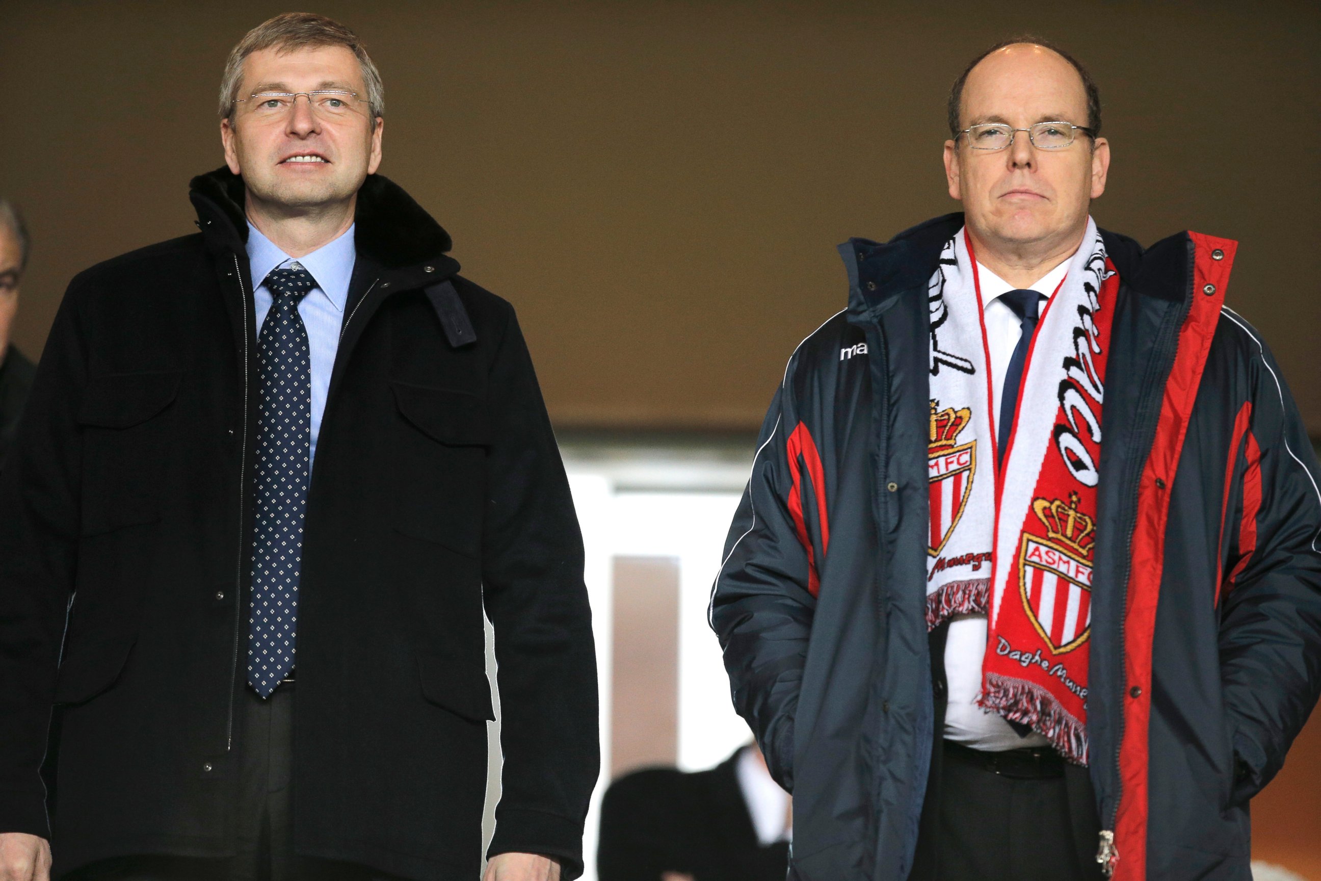 PHOTO: President of AS Monaco Dmitry Rybolovlev, left, and Prince Albert II Of Monaco, as they attend the French League One soccer match Monaco vs Marseille, in Monaco stadium in this Jan. 26, 2014 file photo.