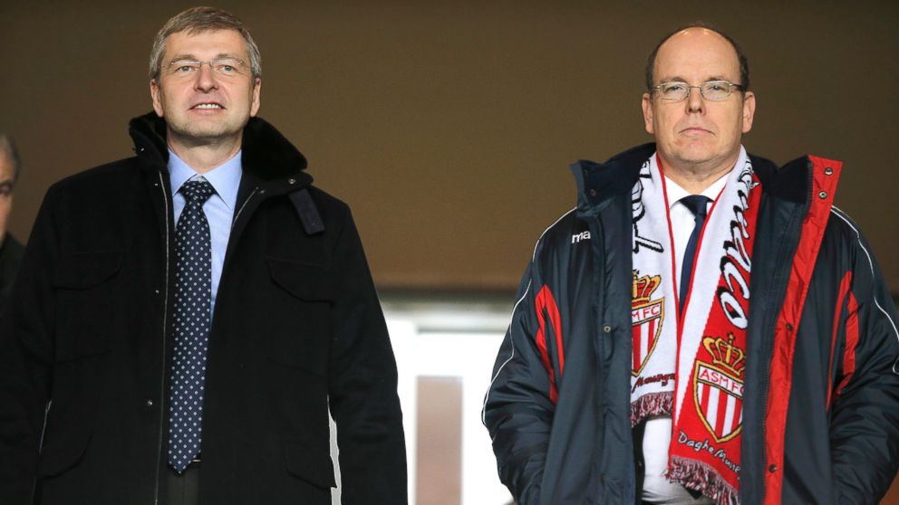 PHOTO: President of AS Monaco Dmitry Rybolovlev, left, and Prince Albert II Of Monaco, as they attend the French League One soccer match Monaco vs Marseille, in Monaco stadium in this Jan. 26, 2014 file photo.