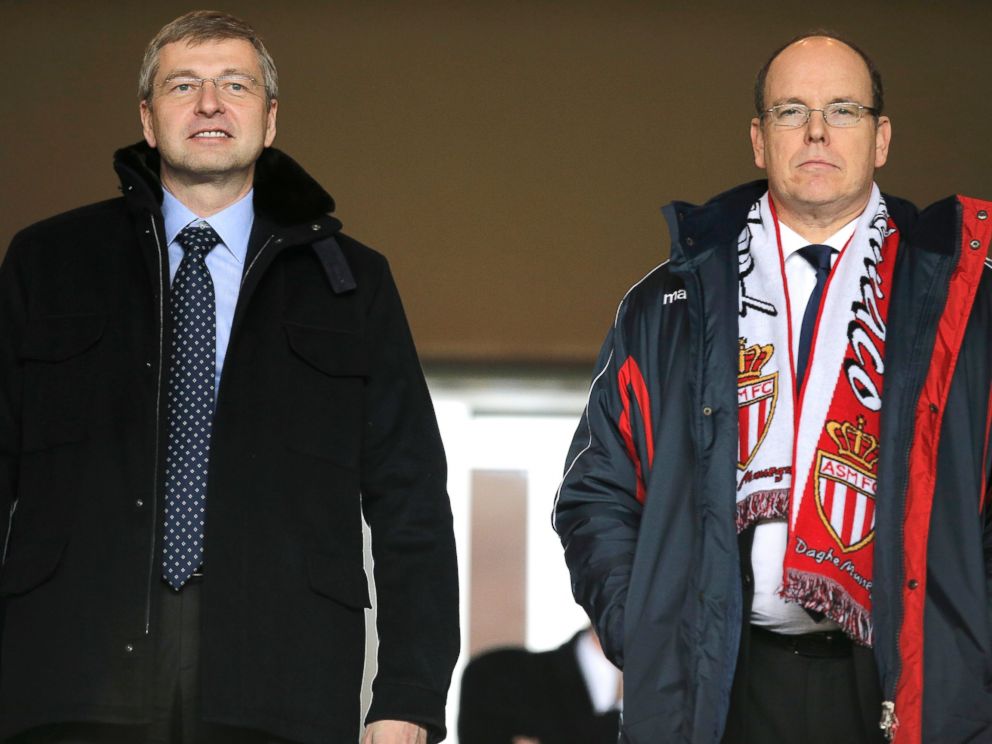 PHOTO: President of AS Monaco Dmitry Rybolovlev, left, and Prince Albert II Of Monaco, as they attend the French League One soccer match Monaco vs Marseille, in Monaco stadium in this Jan. 26, 2014 file photo.