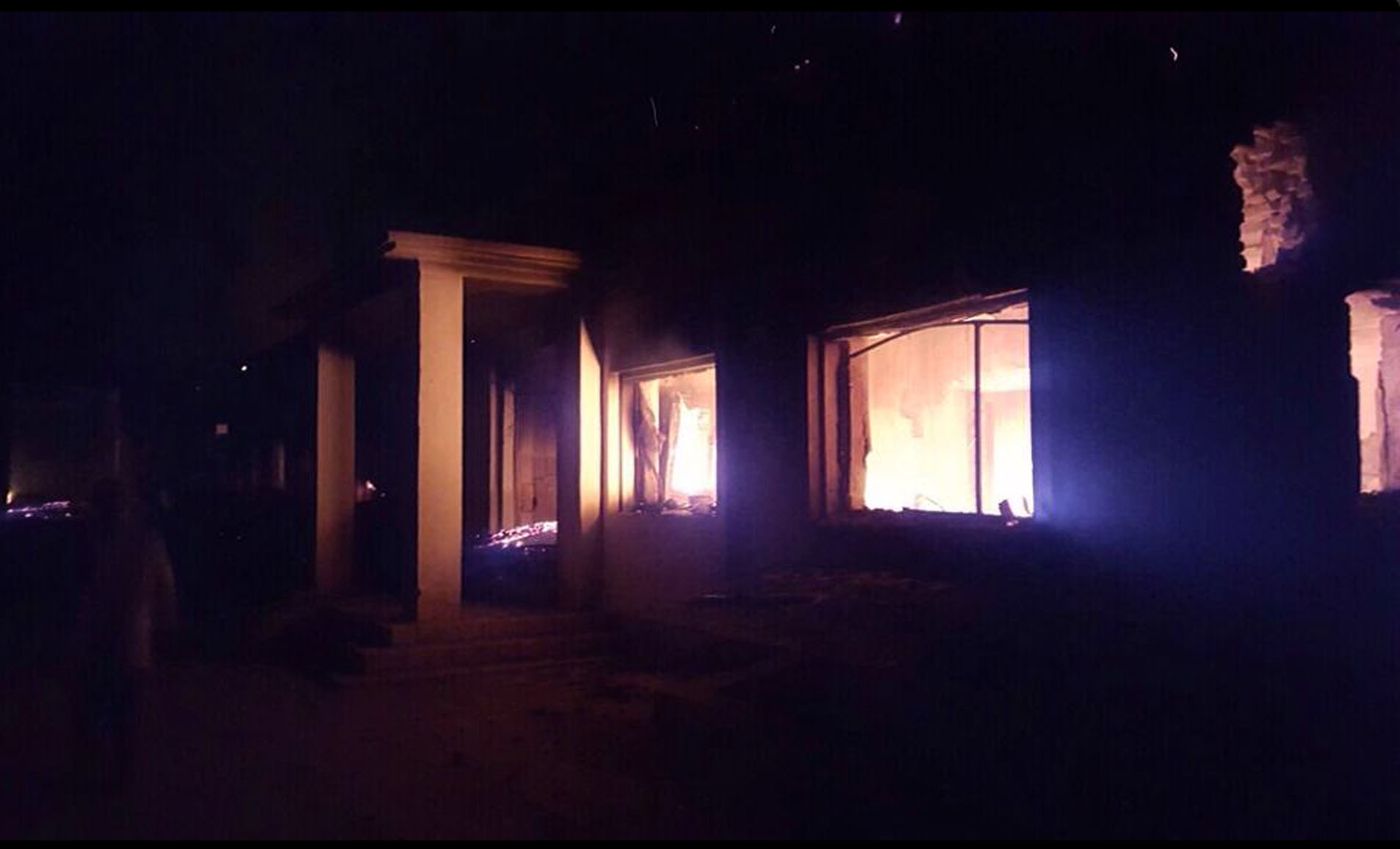 PHOTO: The Doctors Without Borders trauma center is seen in flames, after explosions near their hospital in the northern Afghan city of Kunduz, Oct. 3, 2015. 