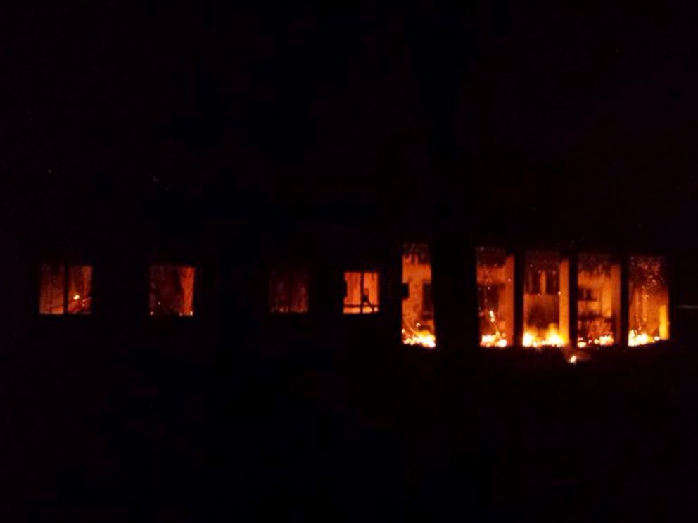 PHOTO: The Doctors Without Borders trauma center is seen in flames, after an explosion near their hospital in the northern Afghan city of Kunduz, Oct. 3, 2015.