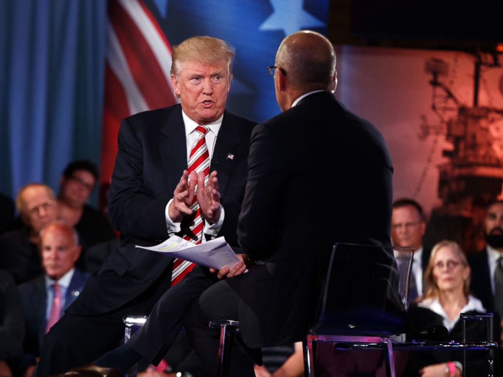 PHOTO: Republican presidential candidate Donald Trump speaks with Matt Lauer at the NBC Commander-In-Chief Forum held at the Intrepid Sea, Air and Space museum aboard the decommissioned aircraft carrier Intrepid, Sept. 7, 2016 in New York. 
