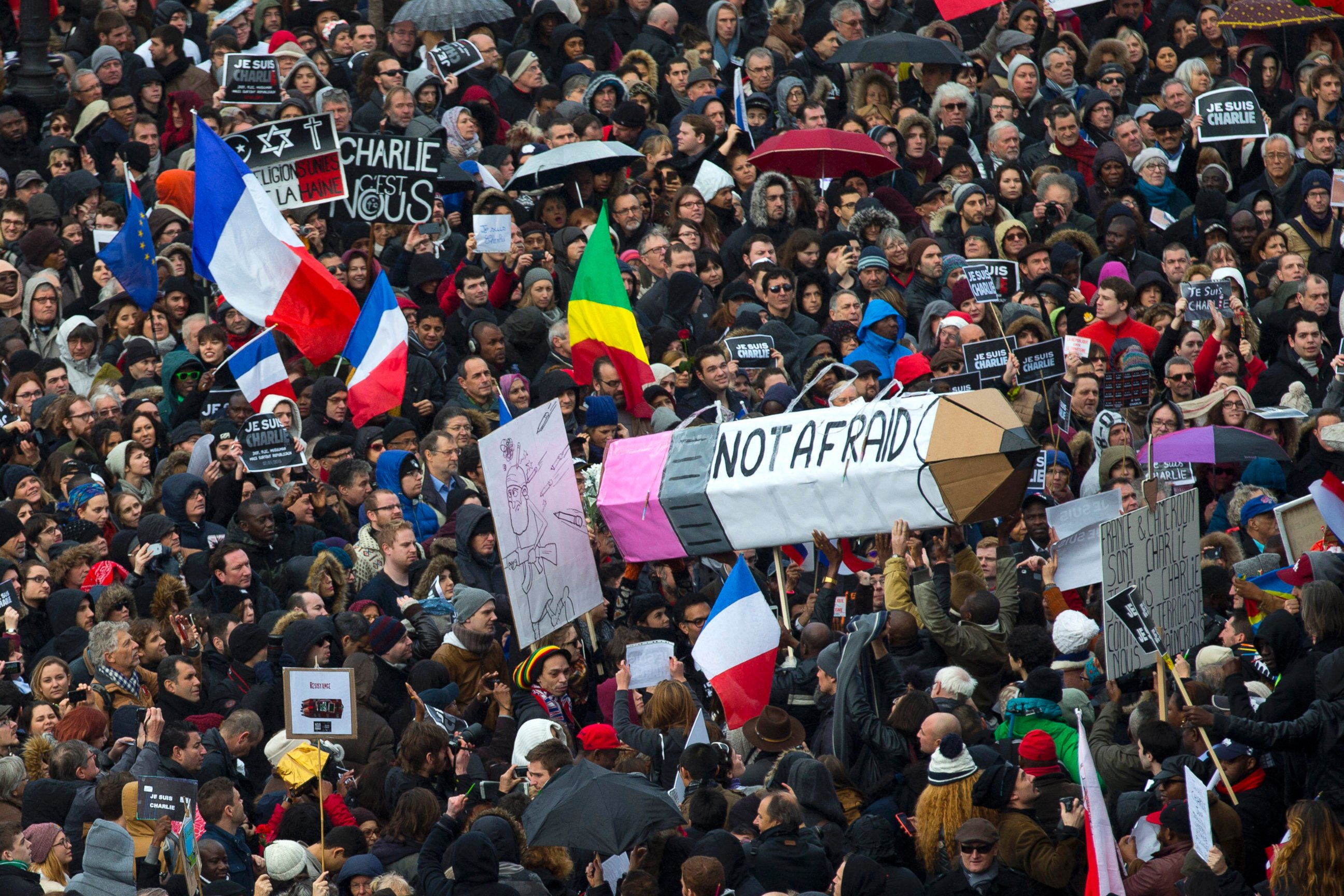 PHOTO: The crowd gather at Republique square in Paris, France, Sunday, Jan. 11, 2015. 