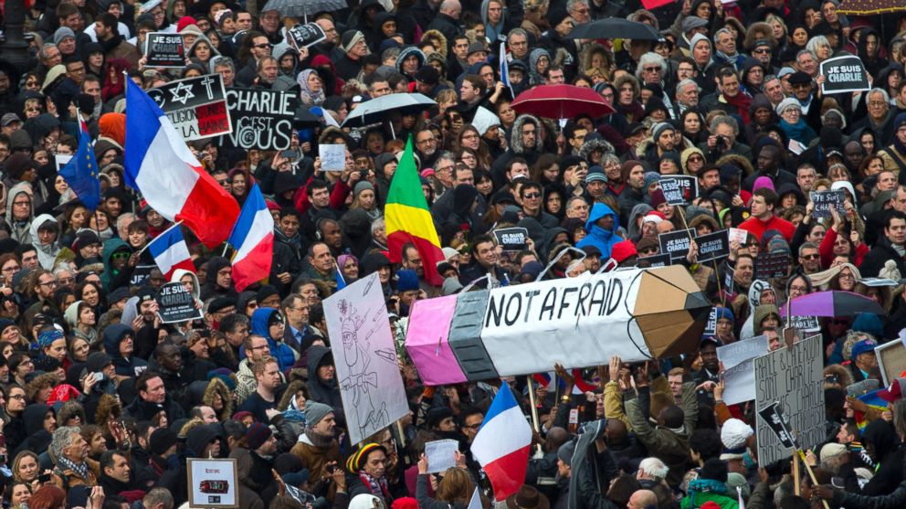 PHOTO: The crowd gather at Republique square in Paris, France, Sunday, Jan. 11, 2015. 