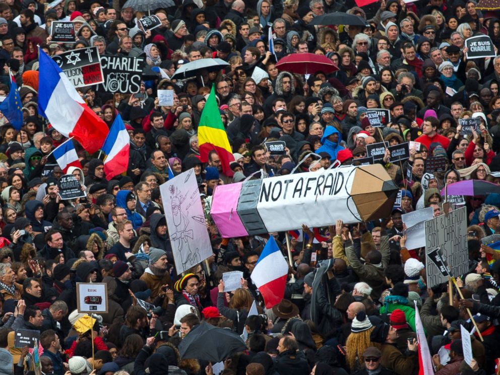PHOTO: The crowd gather at Republique square in Paris, France, Sunday, Jan. 11, 2015.