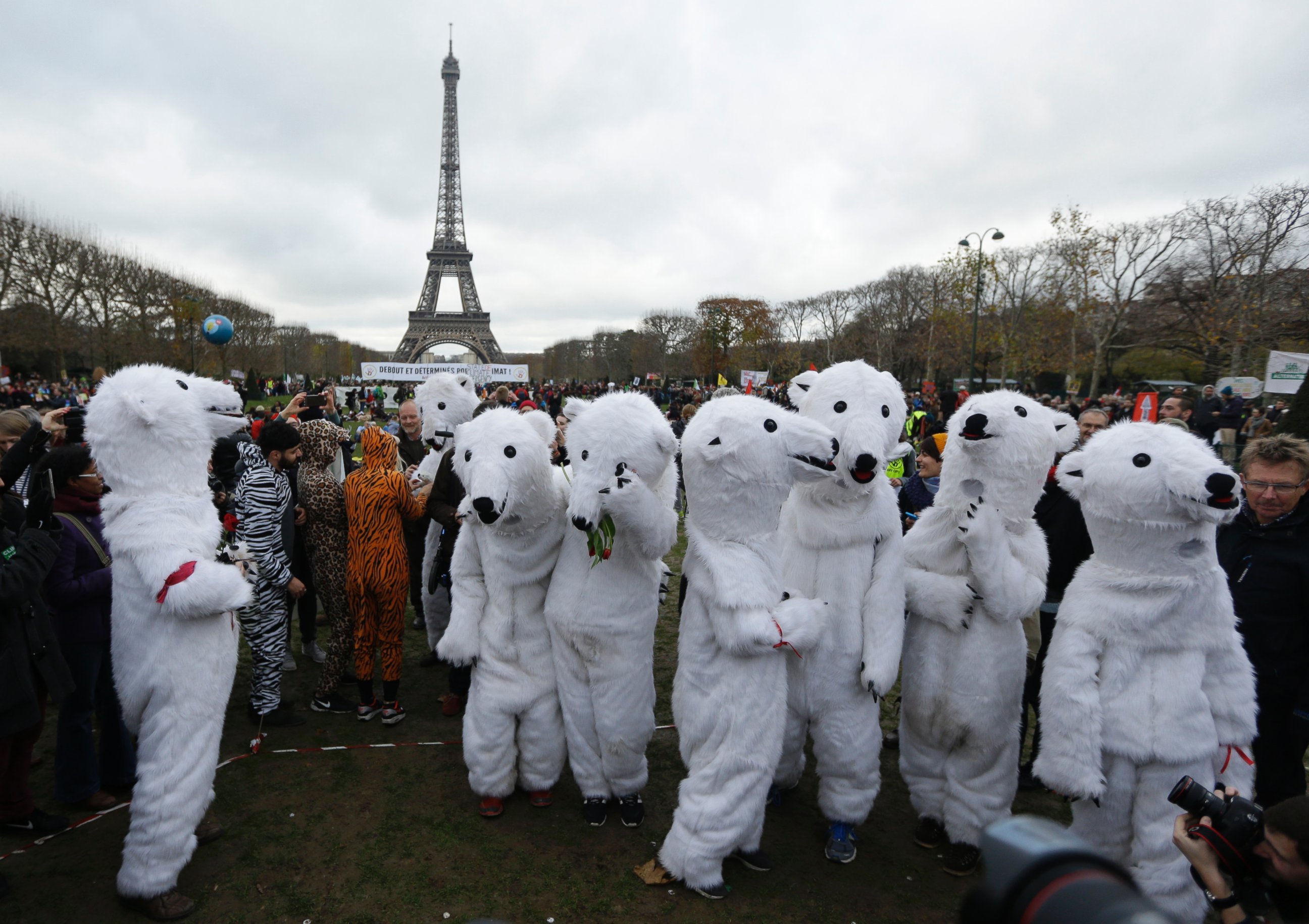 PHOTO: White bears costumed activists demonstrate near the Eiffel Tower, in Paris, Dec.12, 2015 during the COP21, the United Nations Climate Change Conference.