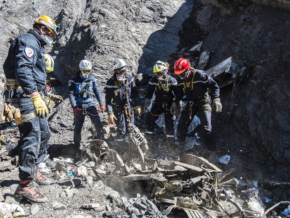 PHOTO: French emergency rescue services work among debris of the Germanwings passenger jet at the crash site near Seyne-les-Alpes, France in this March 31, 2015 file photo.