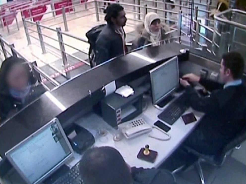 PHOTO: Turkish media reported that video has emerged apparently showing Hayat Boumeddiene, right, traveling through Istanbul airport, Jan. 2, 2015 next to an unidentified man, left.