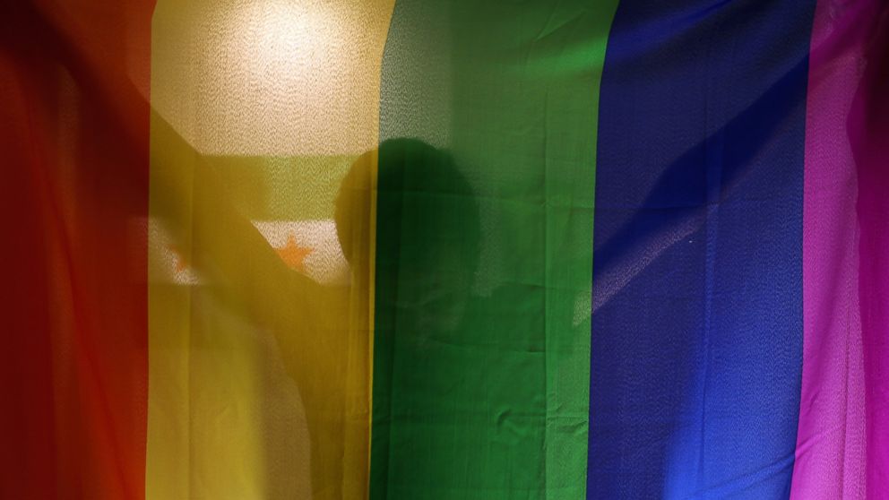 In this Oct. 22, 2015, photo, Daniel Halaby, a gay Syrian who fled from the Islamic State group, poses with the rainbow flag symbolic of LGBT rights in his apartment in southern Turkey.