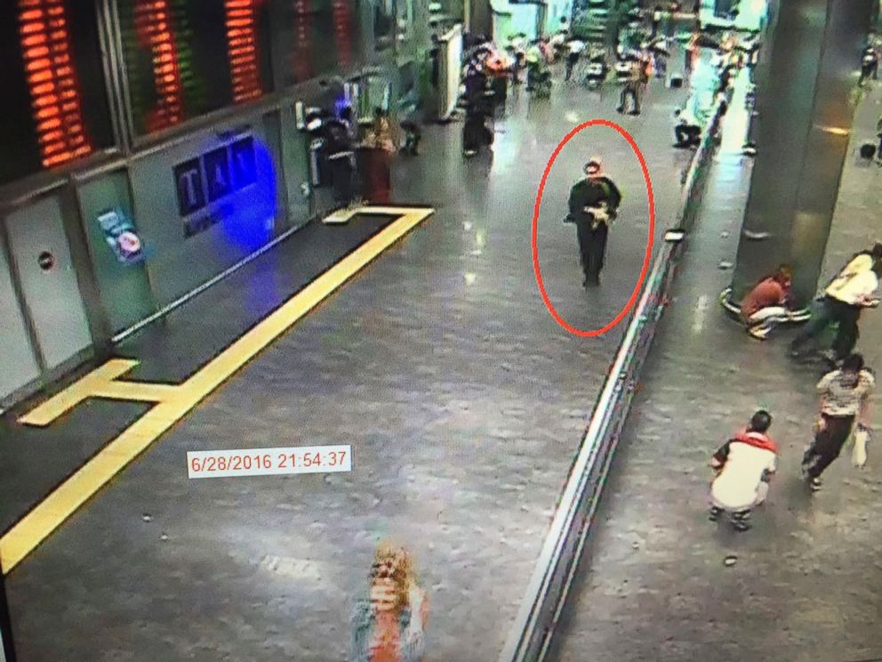 PHOTO: In this framegrab from CCTV video, made available by the Turkish Haberturk newspaper, June 30, 2016, a man, circled, believed to be one of the attackers walks in Istanbul's Ataturk airport, Tuesday June 28, 2016. 
