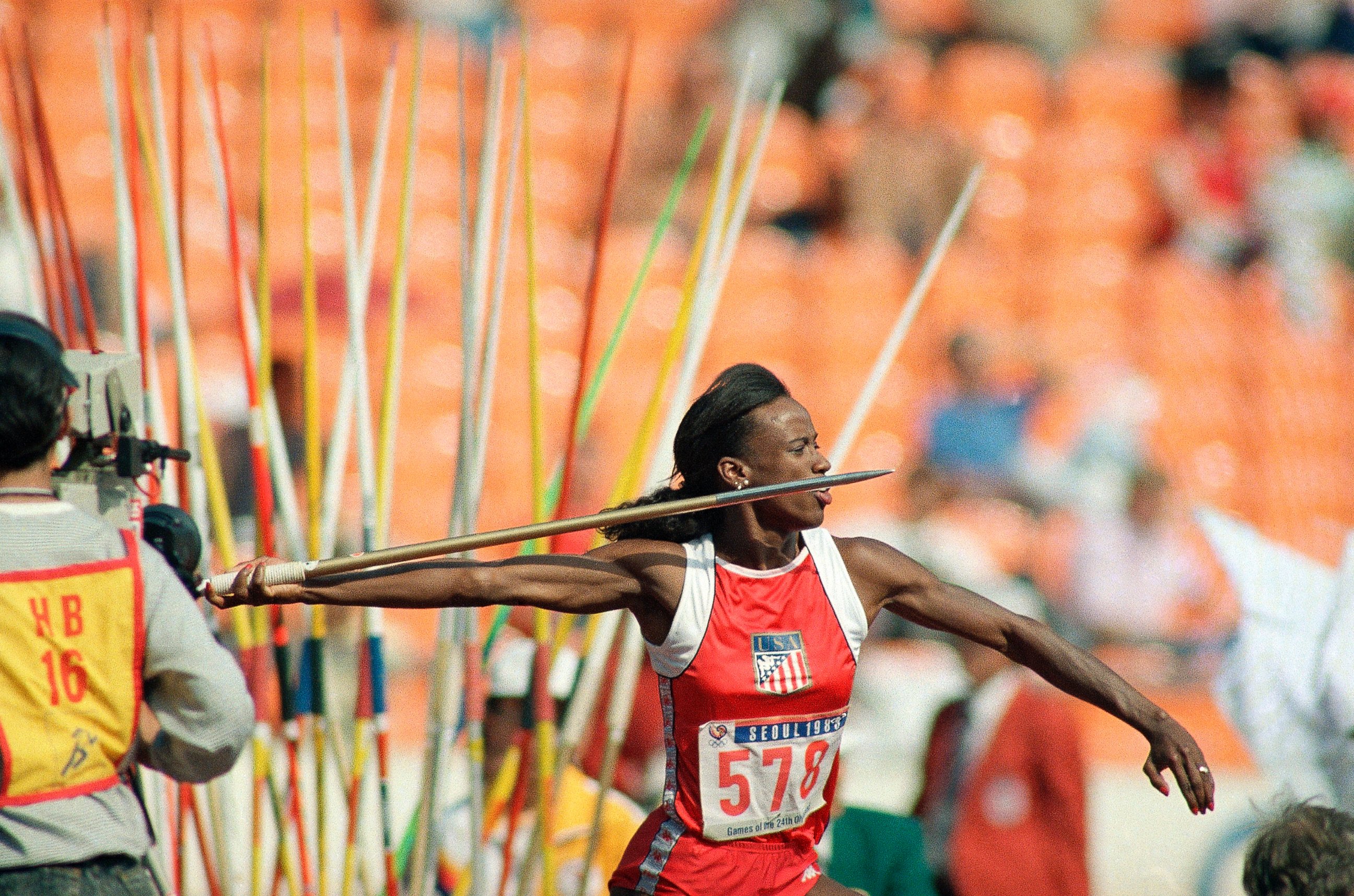 PHOTO: Jackie Joyner-Kersee makes her javelin throw during the heptathlon competition at the Seoul Olympics, Sept. 24, 1988. 
