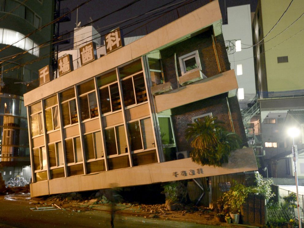 PHOTO: A severely damaged dentist office leans to one side following an earthquake, April 16, 2016, in Kumamoto, Japan.