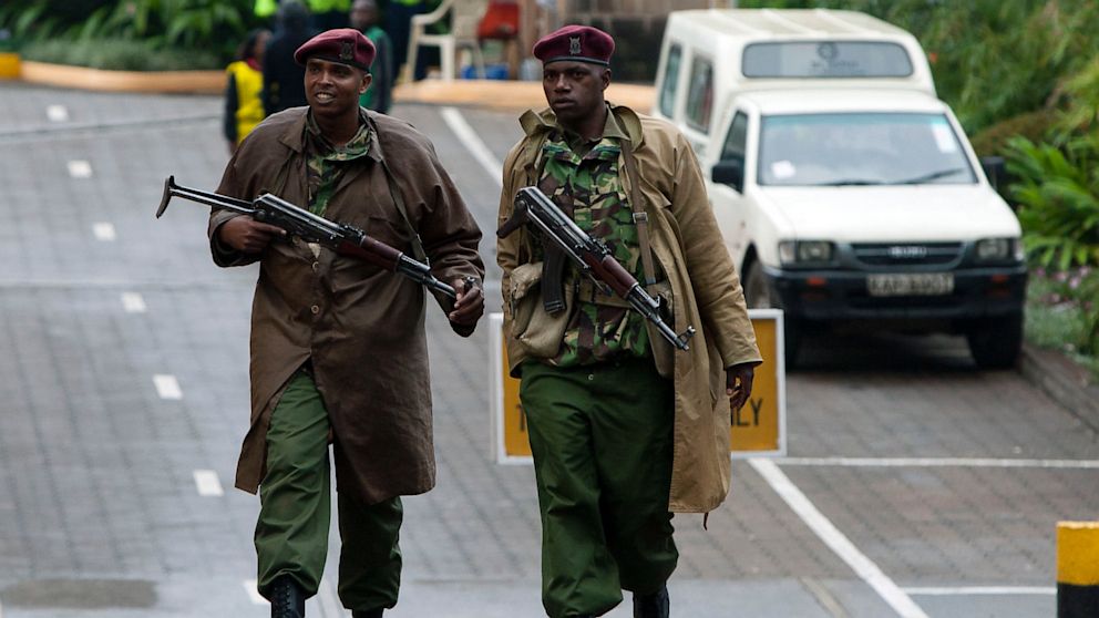 Kenyan security personnel patrol near the Westgate Mall in Nairobi, Kenya, Sept. 24, 2013. 