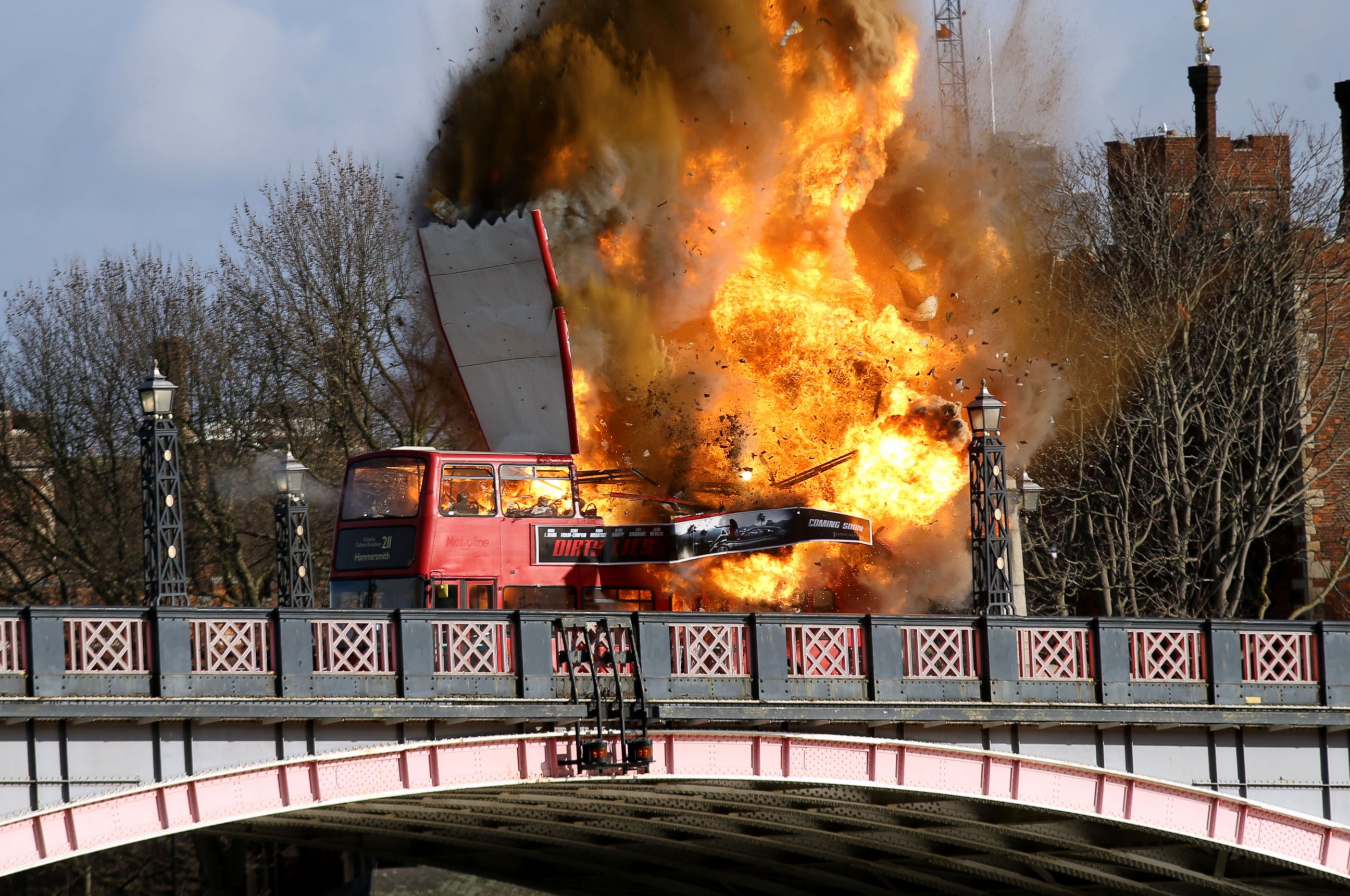 PHOTO: A bus explodes on Lambeth Bridge, during filming for Jackie Chan's new film "The Foreigner" in London, Feb. 7, 2016.  