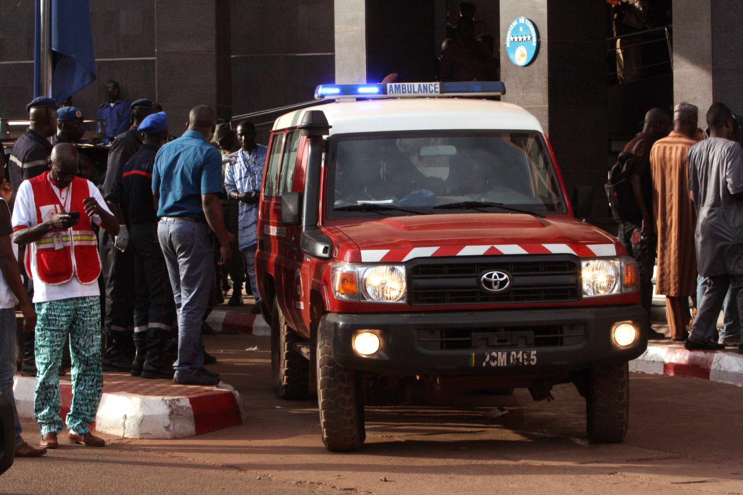 PHOTO: An ambulance is seen outside the Radisson Blu hotel in Bamako, Mali, Nov. 20, 2015.
