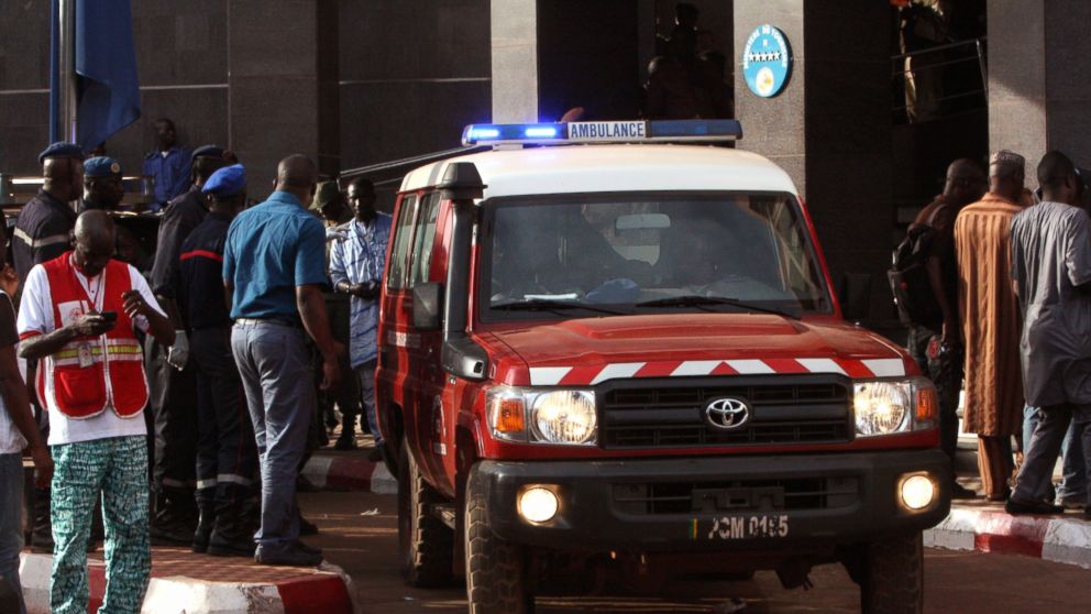 PHOTO: An ambulance is seen outside the Radisson Blu hotel in Bamako, Mali, Nov. 20, 2015.
