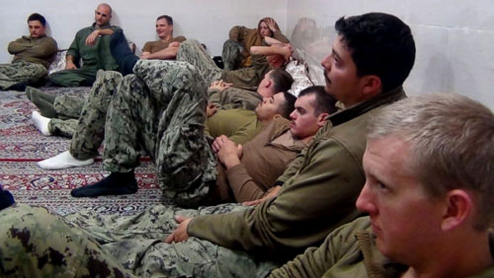 PHOTO: This picture released by the Iranian Revolutionary Guards, Jan. 13, 2016, shows detained American Navy sailors in an undisclosed location in Iran. 