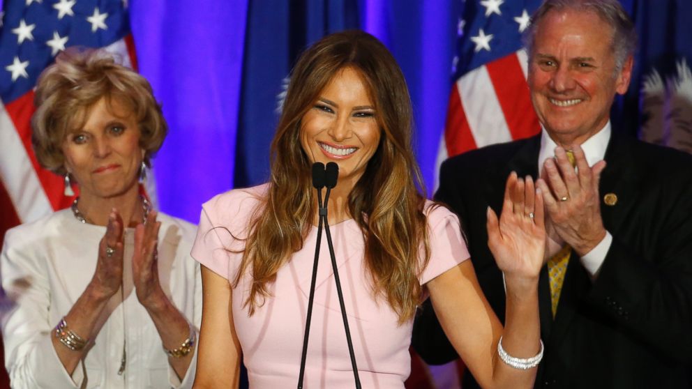 Melania Trump speaks during a South Carolina Republican primary night event, Feb. 20, 2016, in Spartanburg, S.C.