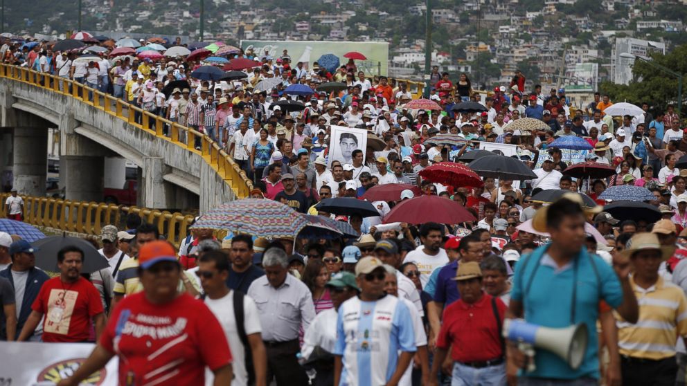 PHOTO: In this Friday, Oct. 17, 2014 photo, demonstrators protest the disappearance of 43 students from the Isidro Burgos rural teachers college in Acapulco, Guerrero state, Mexico.