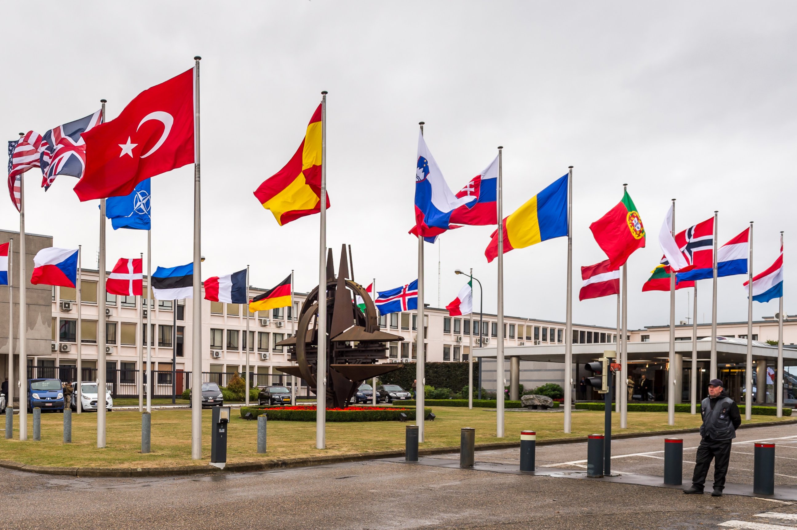 PHOTO: NATO country flags wave outside NATO headquarters in Brussels, July 28, 2015.