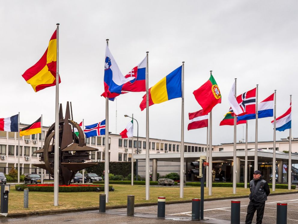 PHOTO: NATO country flags wave outside NATO headquarters in Brussels, July 28, 2015.