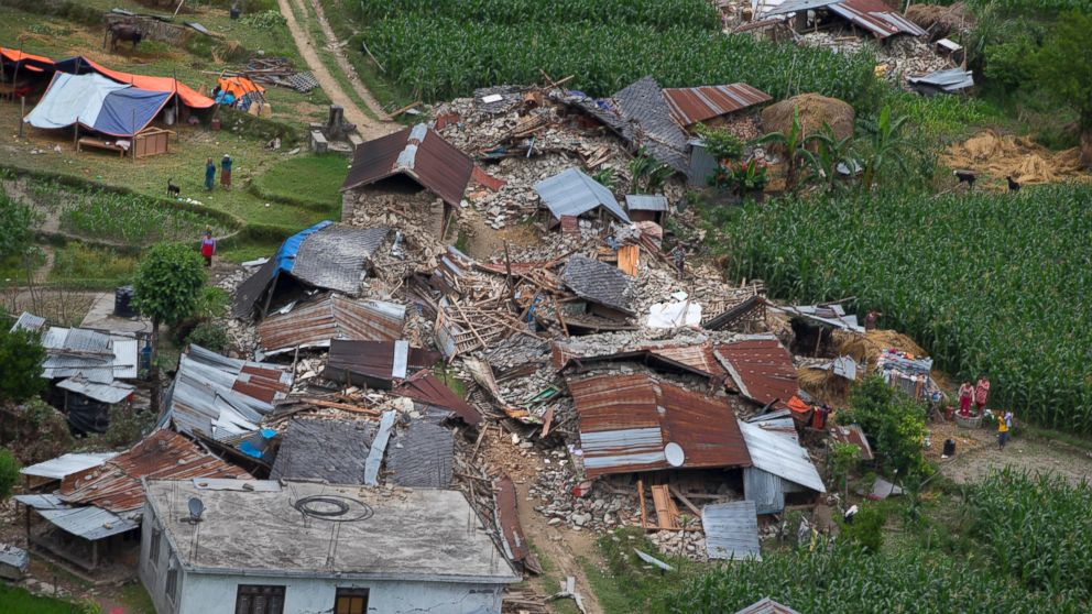 Houses destroyed April 25, 2015 during the earthquake are seen from a helicopter near Dhadingbesti, in Nepal, April 29, 2015.