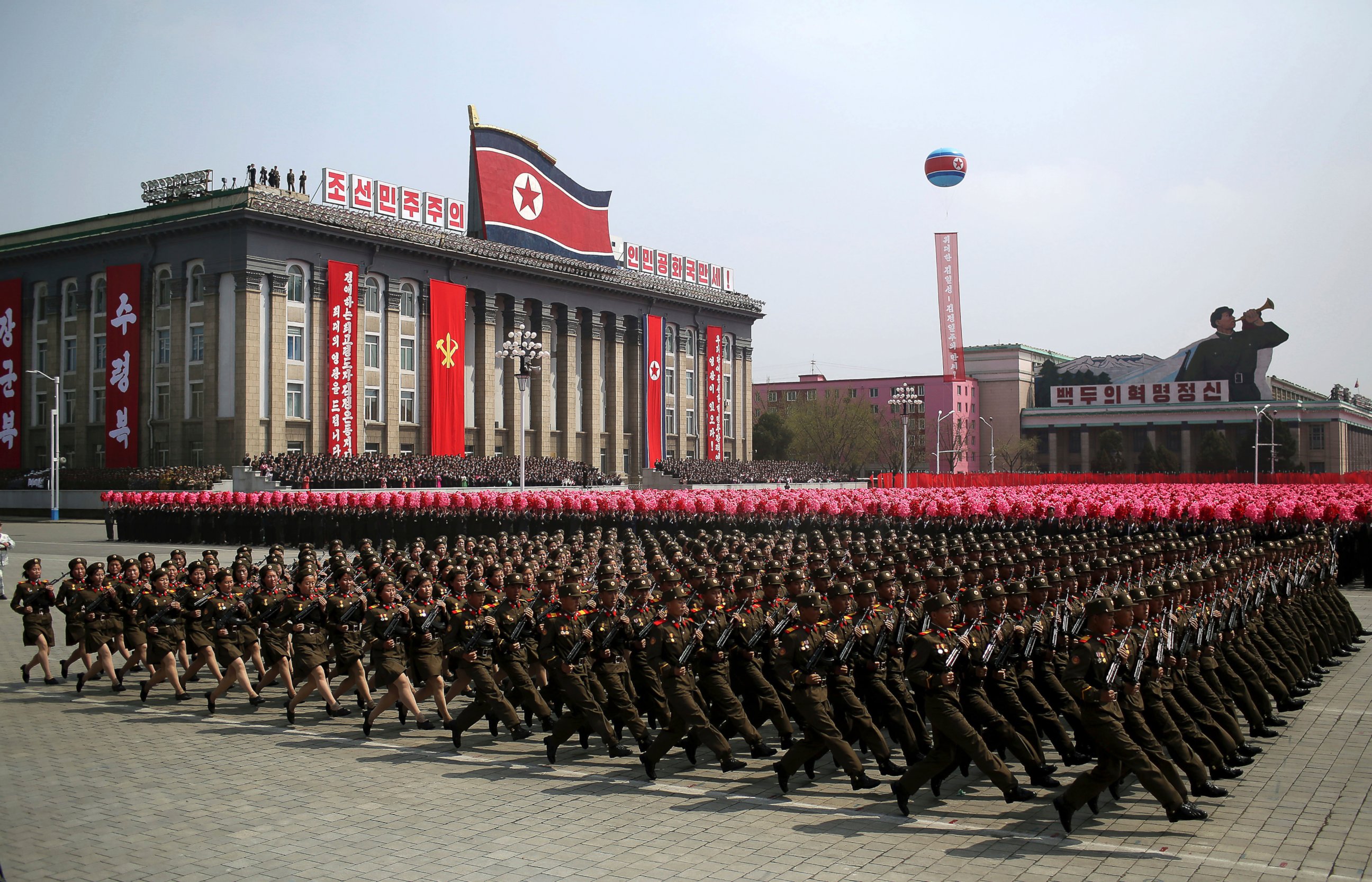 PHOTO: Soldiers march across Kim Il Sung Square during a military parade in Pyongyang, North Korea to celebrate the 105th birth anniversary of Kim Il Sung, April 15, 2017. 