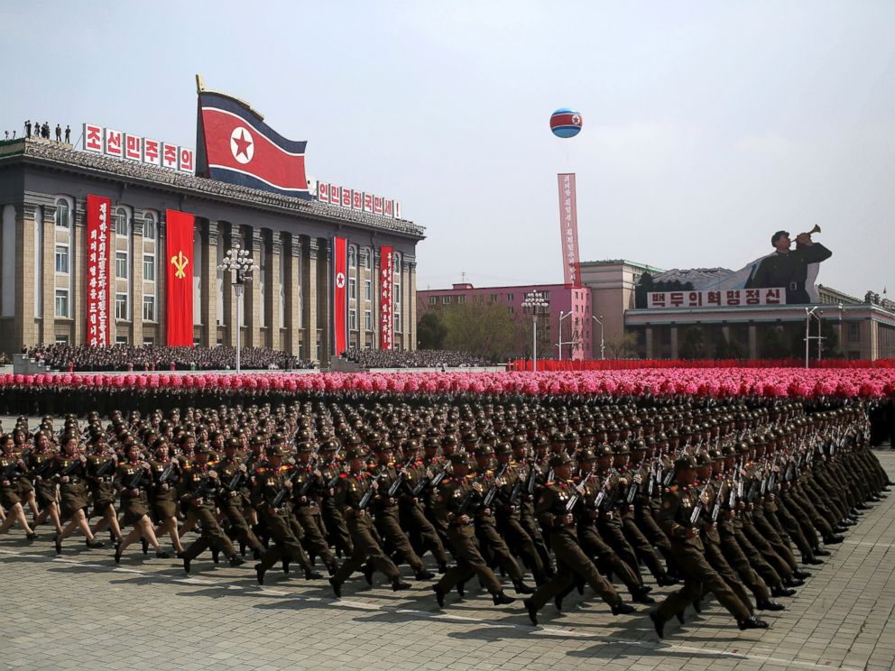 PHOTO: Soldiers march across Kim Il Sung Square during a military parade in Pyongyang, North Korea to celebrate the 105th birth anniversary of Kim Il Sung, April 15, 2017.