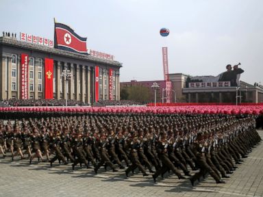 PHOTO: Soldiers march across Kim Il Sung Square during a military parade in Pyongyang, North Korea to celebrate the 105th birth anniversary of Kim Il Sung, April 15, 2017.
