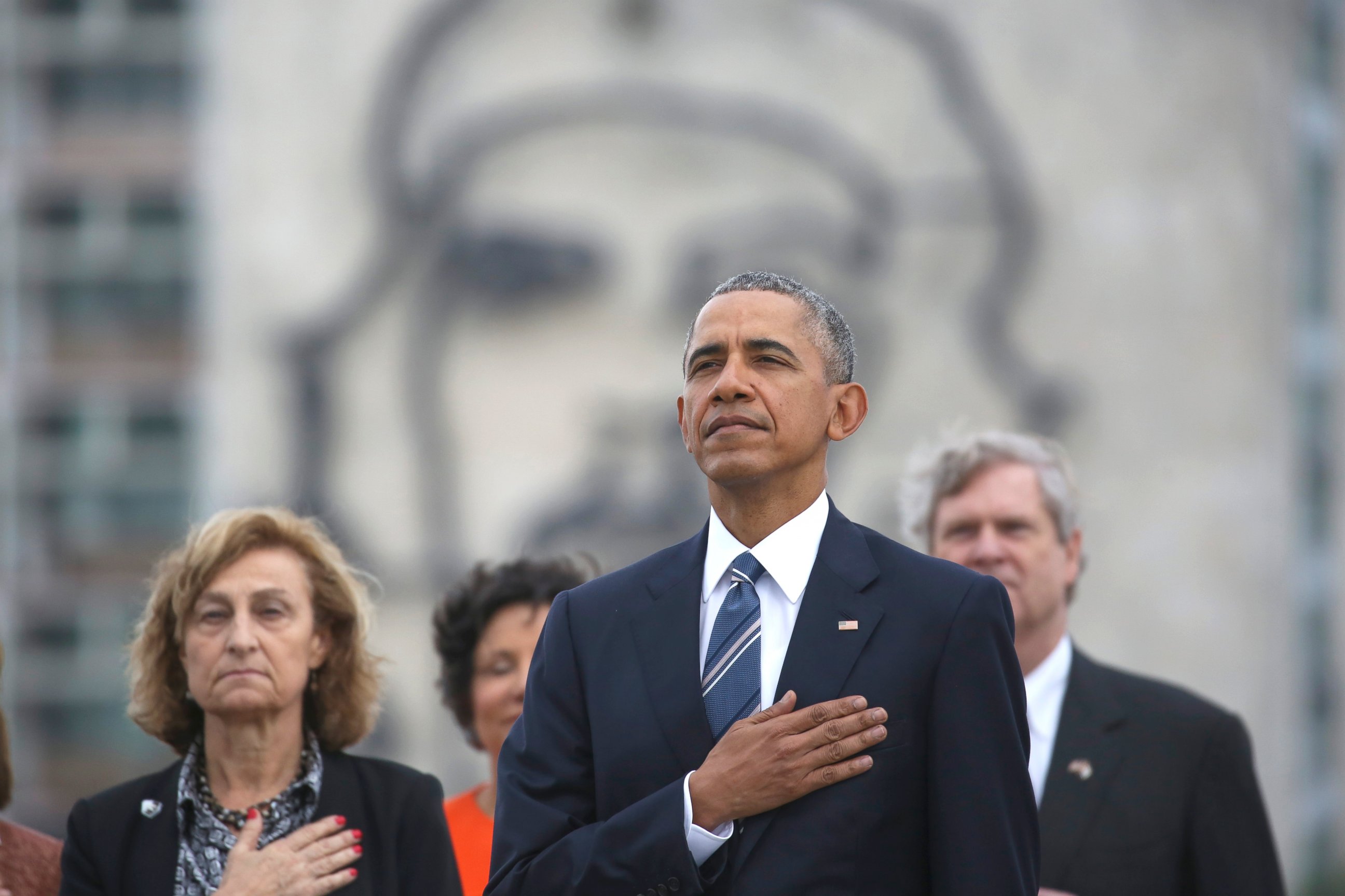 PHOTO: President Barack Obama listens to the U.S. national anthem during a ceremony at the Jose Marti Monument in Havana, Cuba, March 21, 2016.