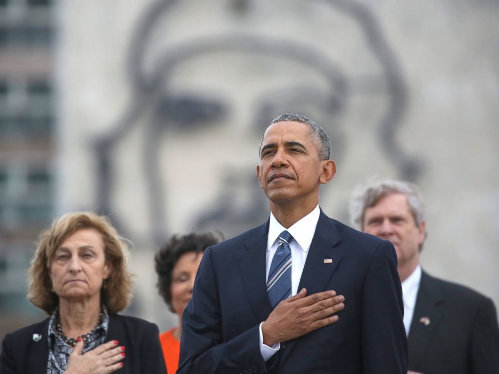 PHOTO: President Barack Obama listens to the U.S. national anthem during a ceremony at the Jose Marti Monument in Havana, Cuba, March 21, 2016.