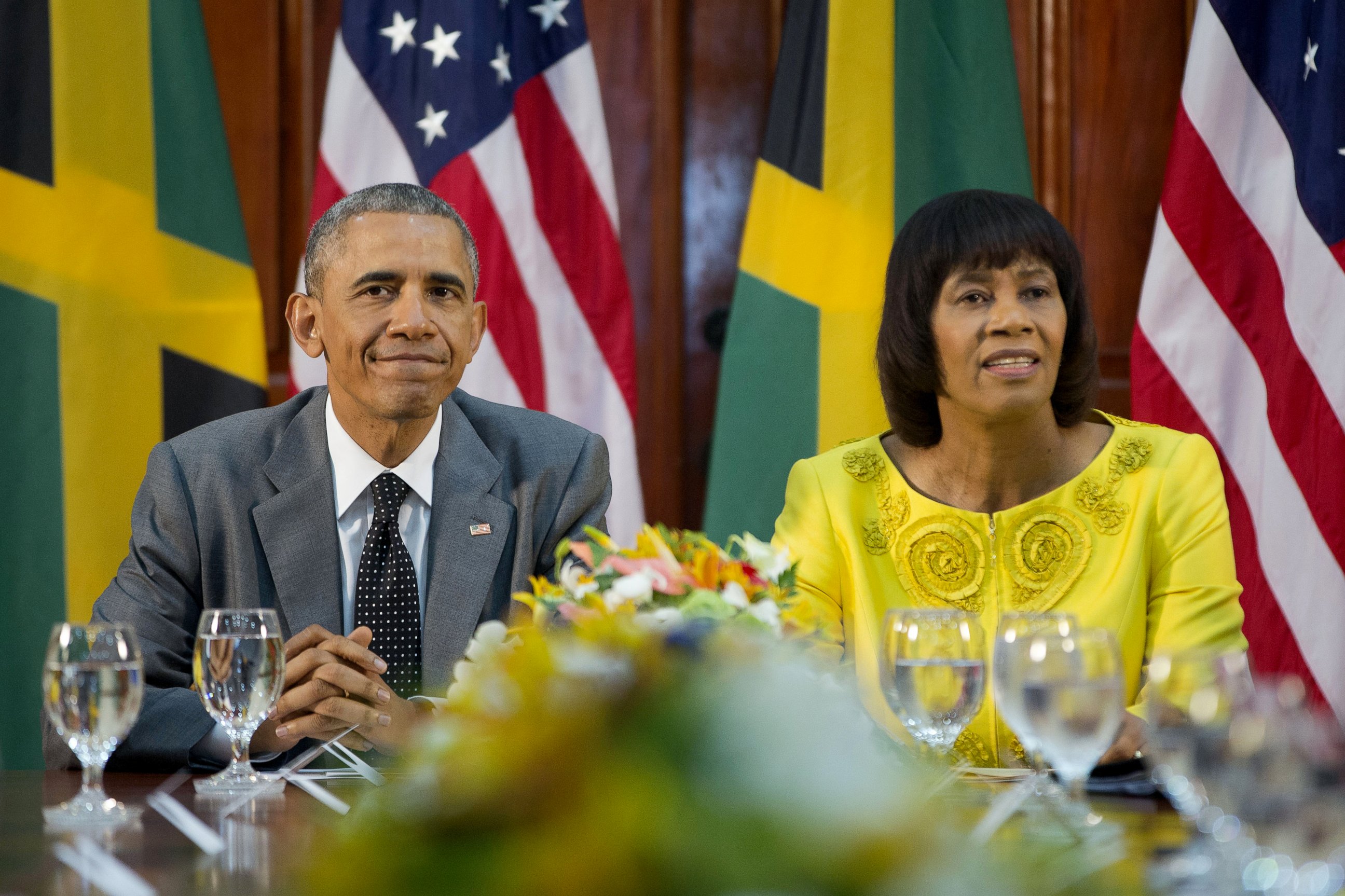 PHOTO: President Barack Obama and Jamaican Prime Minister Portia Simpson-Miller during their bilateral meeting at the Jamaica House, April 9, 2015, in Kingston, Jamaica. 