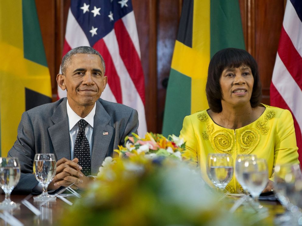PHOTO: President Barack Obama and Jamaican Prime Minister Portia Simpson-Miller during their bilateral meeting at the Jamaica House, April 9, 2015, in Kingston, Jamaica.