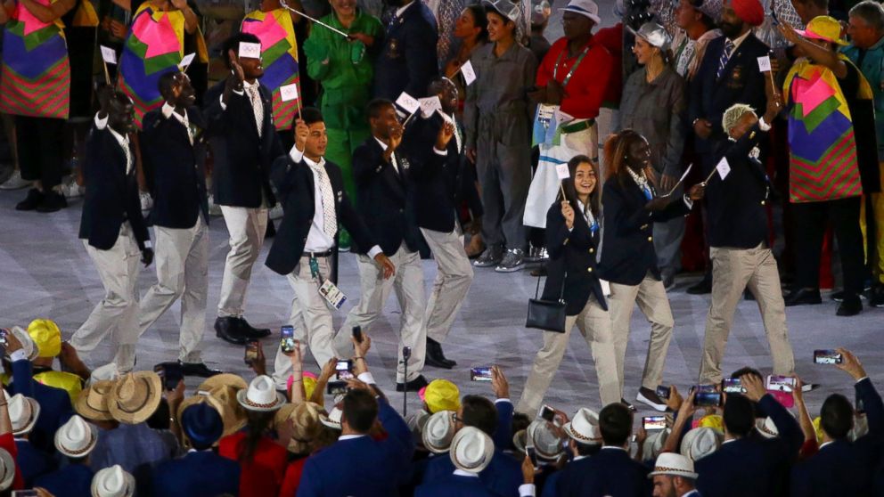 PHOTO: The Refugee Olympic Athletes' team arrives for the opening ceremony of the 2016 Rio Olympics in Rio de Janiero, Brazil.