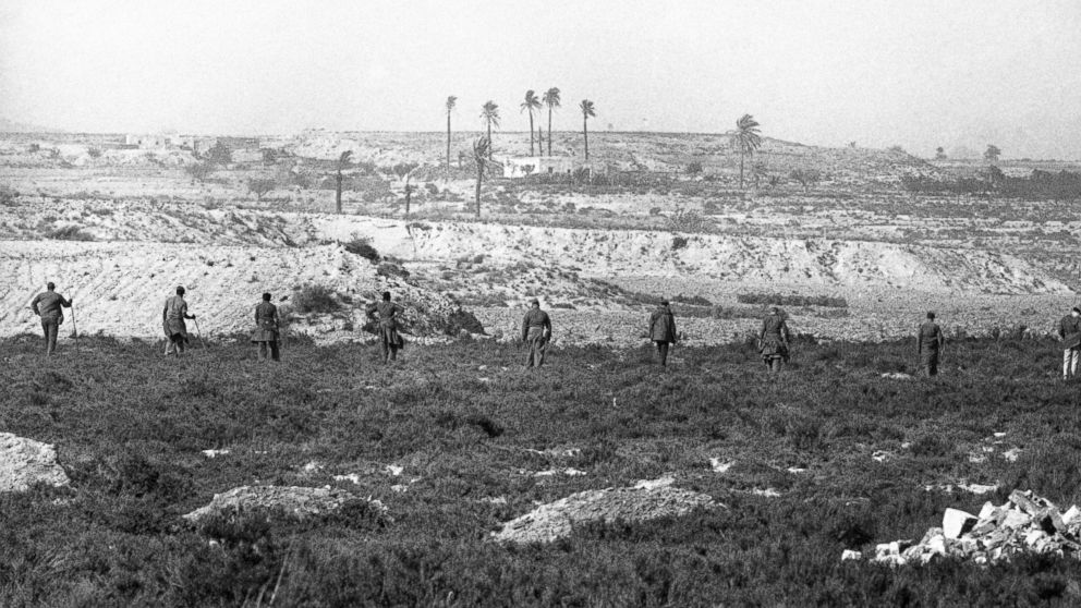 PHOTO:American troops searching fields in the outskirts of Vera, Spain on Feb. 11, 1966 as they retrace the land crash area, looking for the missing nuclear bomb, lost when a B52 bomber of the United States air force crashed last month.  
