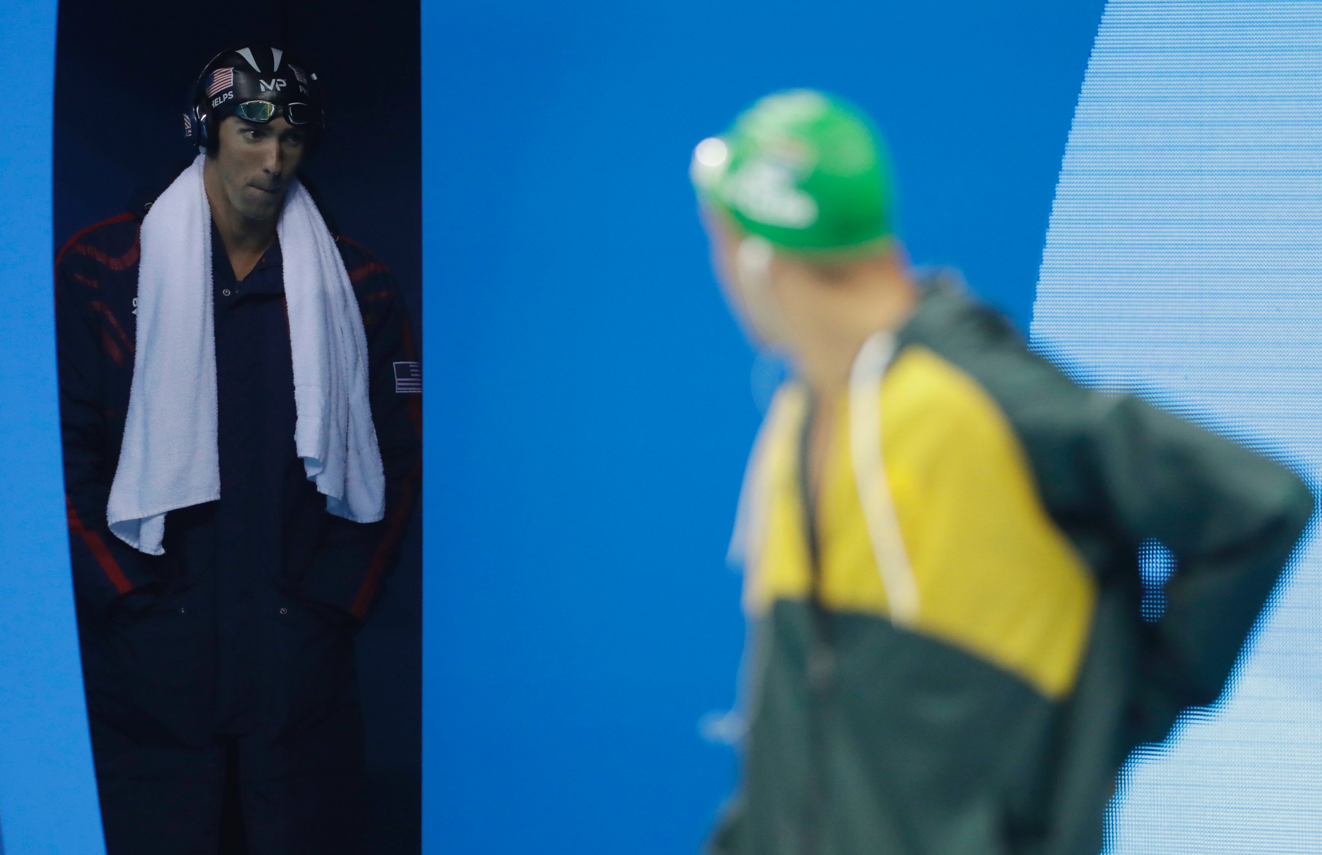 PHOTO: United States' Michael Phelps, left, and South Africa's Chad Le Clos prepare to compete in the final of the men's 200-meter butterfly at the 2016 Summer Olympics, Aug. 9, 2016, in Rio de Janeiro.