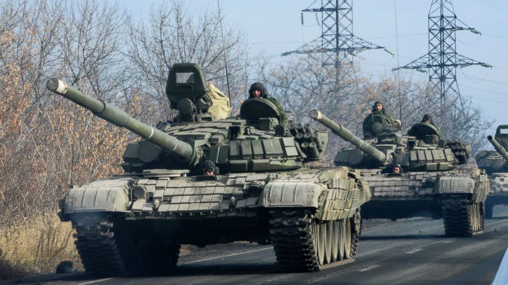 PHOTO: Pro-Russian rebel military vehicles convoy move towards Donetsk , Eastern Ukraine, Nov. 10, 2014.