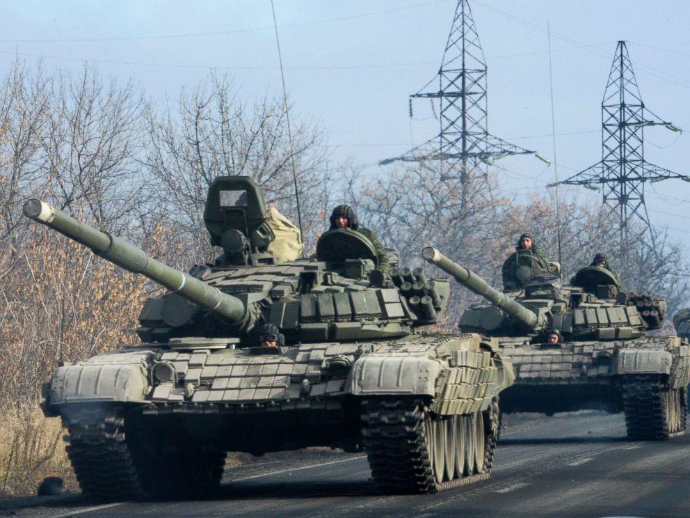 PHOTO: Pro-Russian rebel military vehicles convoy move towards Donetsk , Eastern Ukraine, Nov. 10, 2014.