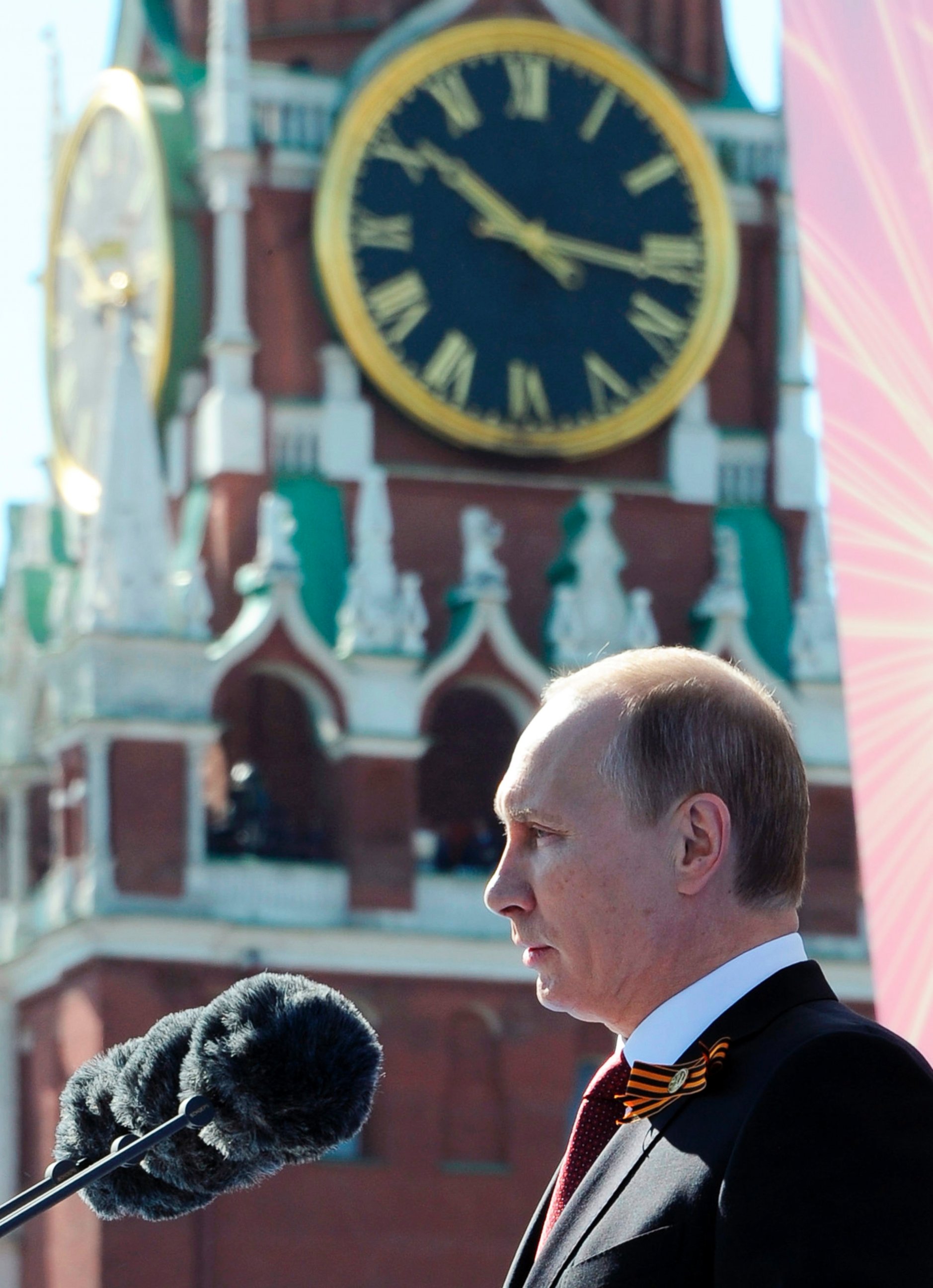 PHOTO: Russian President Vladimir Putin speaks during a Victory Day parade, which commemorates the 1945 defeat of Nazi Germany, at Red Square in Moscow, Russia on May 9, 2014. 