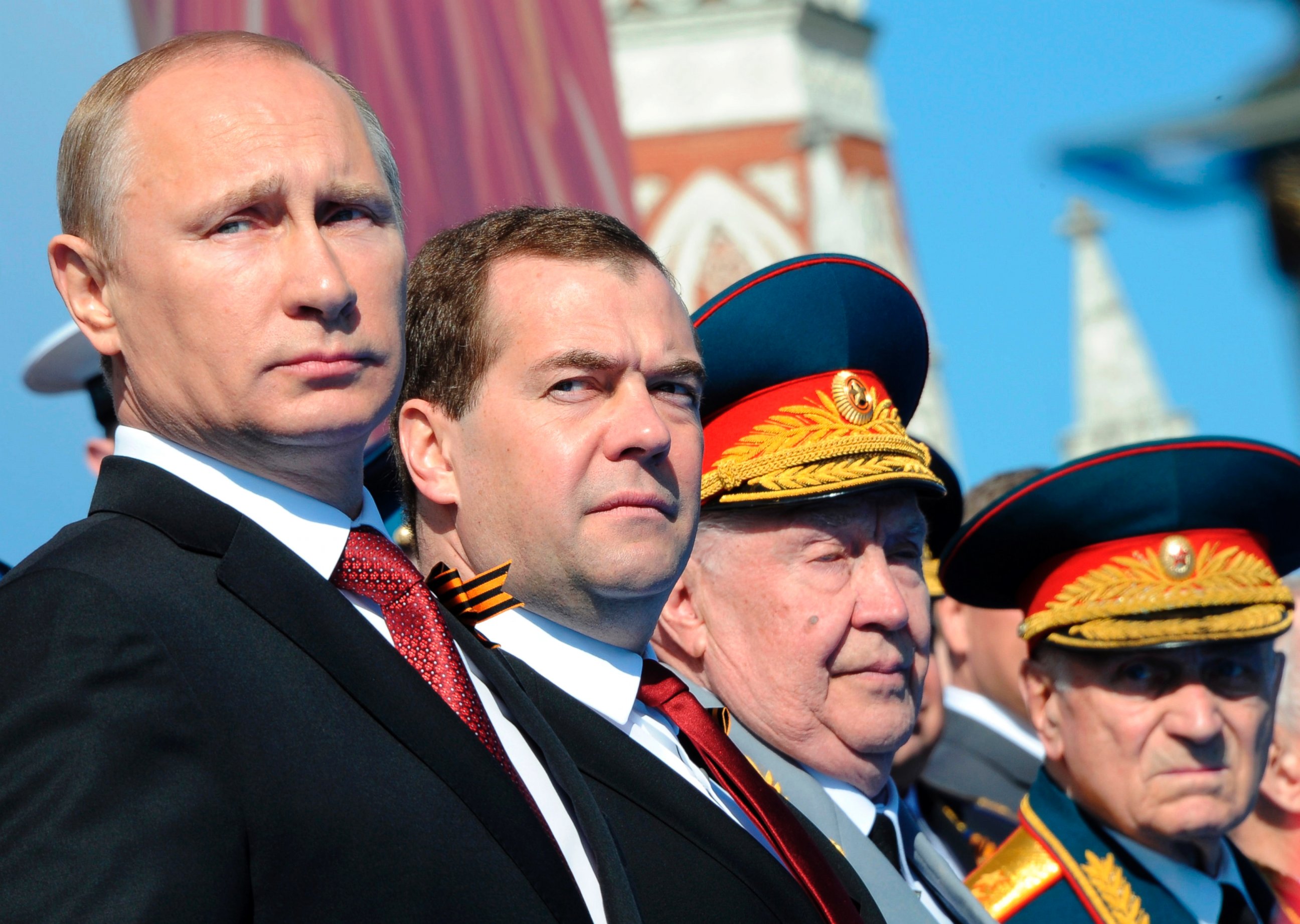 PHOTO: Russian President Vladimir Putin, left, attends a Victory Day parade, which commemorates the 1945 defeat of Nazi Germany, at Red Square in Moscow, Russia on May 9, 2014. 