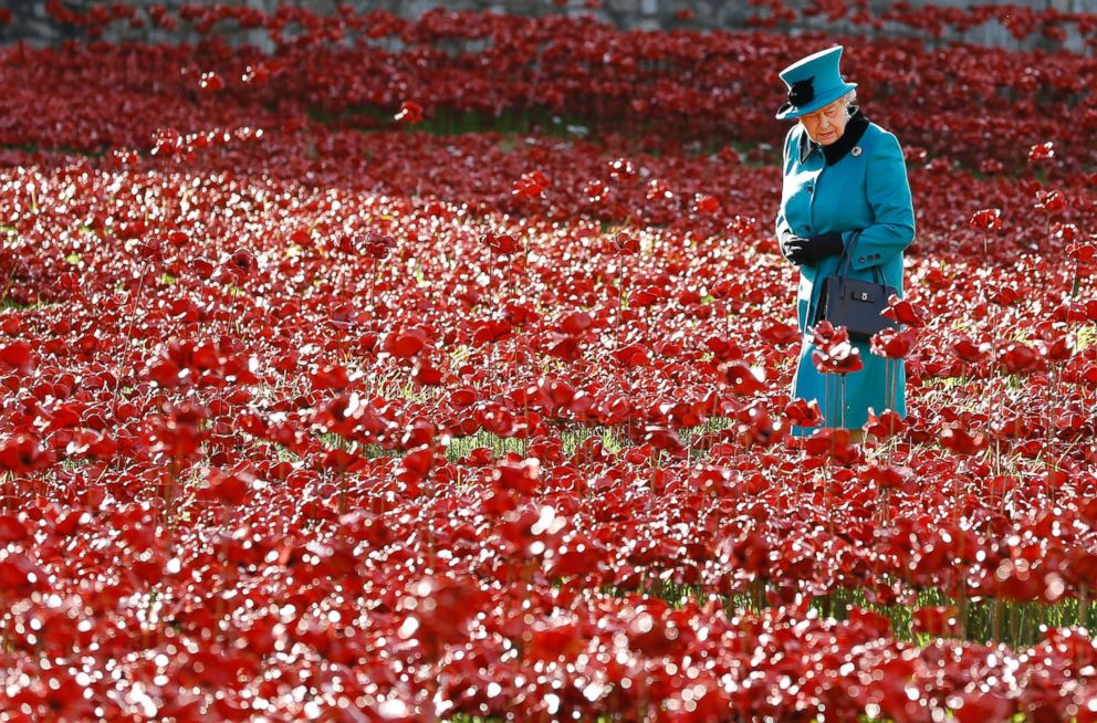 PHOTO: Britain's Queen Elizabeth II walks through a field of ceramic poppies at The Tower of London, Oct. 16, 2014.