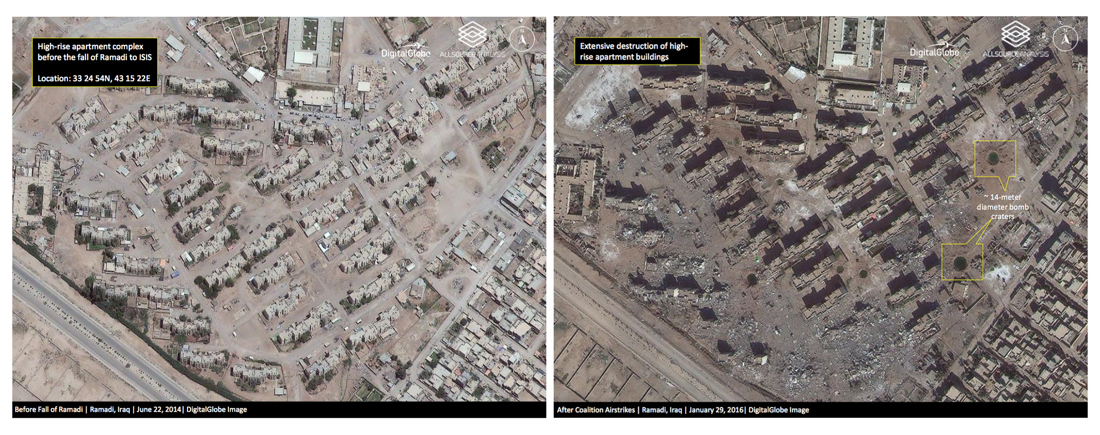 PHOTO: This combination of two satellite photos provided shows a high-rise apartment complex in Ramadi, Iraq, on June 22, 2014, left, before the city fell to Islamic State militants, and on Jan. 29, 2016, after coalition airstrikes and heavy fighting.